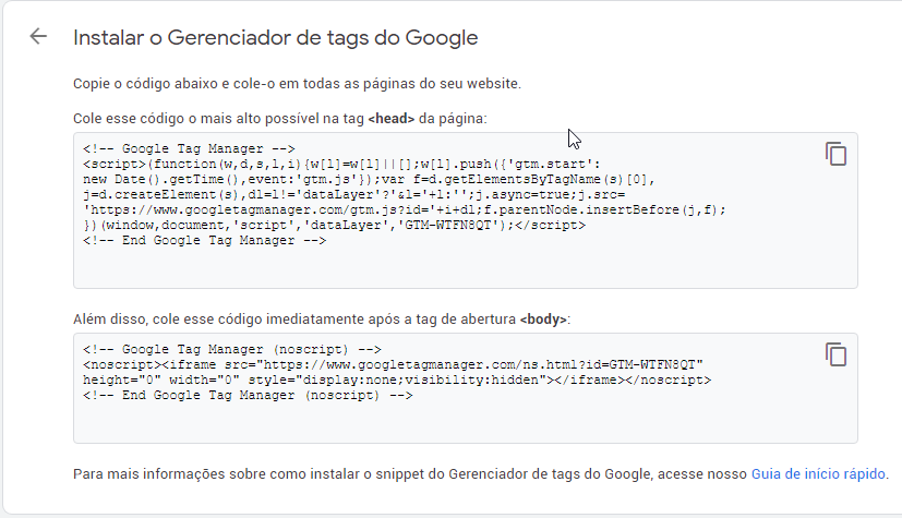 código de instalação do google tag manager