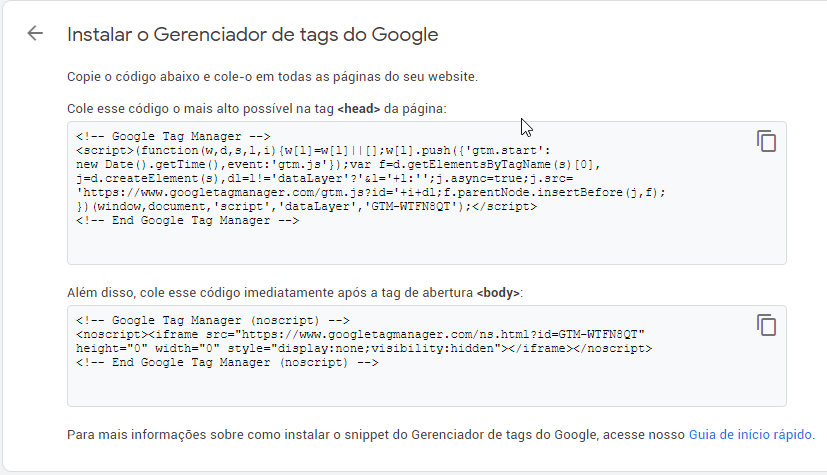 página de instalção do tag manager
