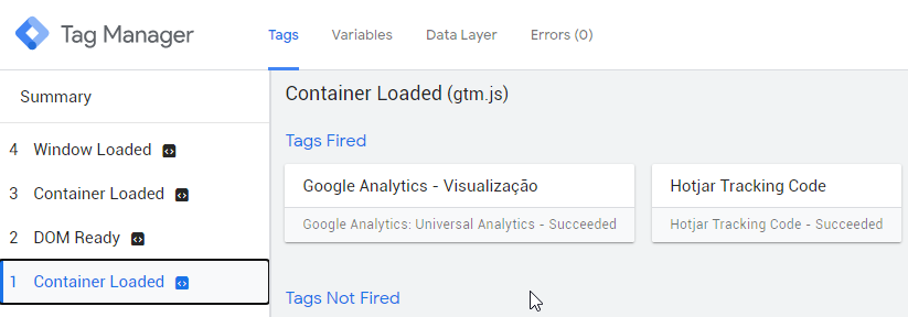 modo debug do tag manager