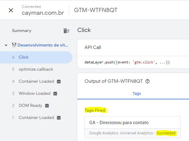 click registrado no tag assistant