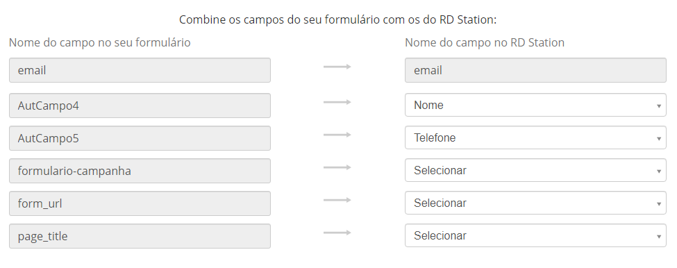 campos de integração de formulário do rd station